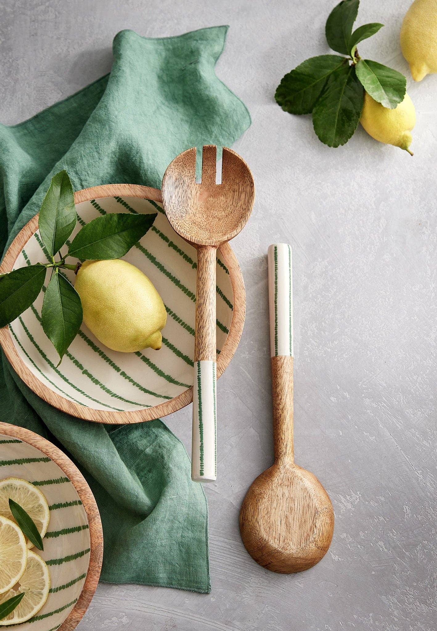 Couverts à salade en bois de manguier: Rayure citron / OS