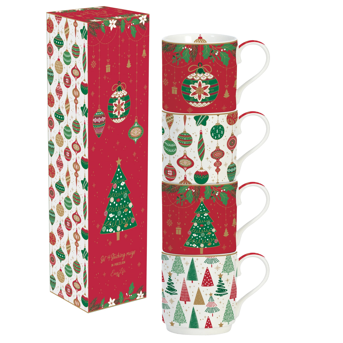 Coffret 4 mugs empilable, porcelaine, JINGLE BELLS