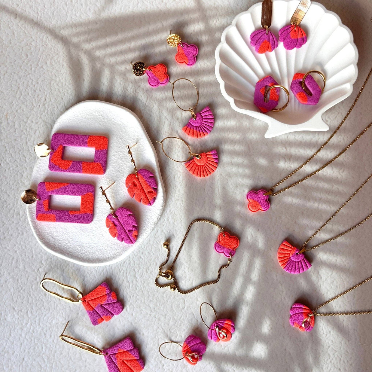 Orange de Capri - Boucles d'Oreilles Pendantes Éventail Statement Orange Fuchsia