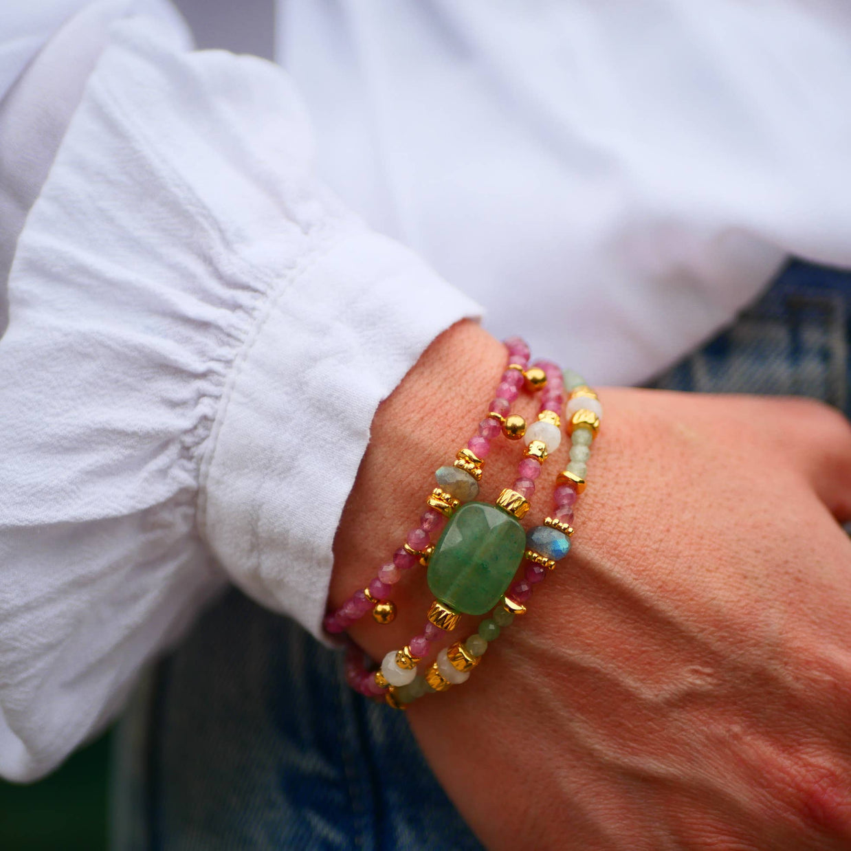 Bracelet Prerana en acier inoxydable avec aventurine, tourmaline rose et labradorite