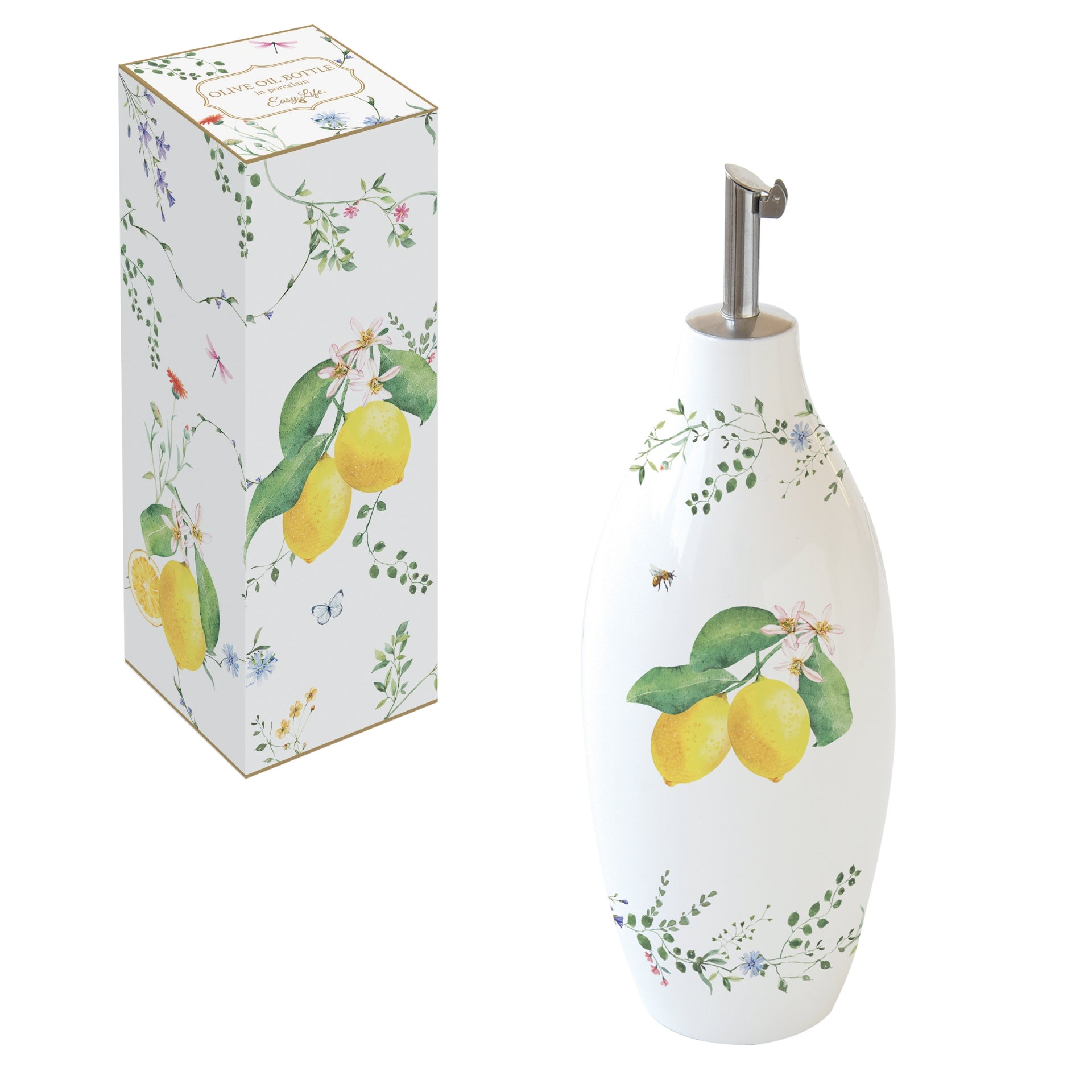 BOUTEILLE A HUILE 30CL EN PORCELAINE FLEURS ET CITRONS