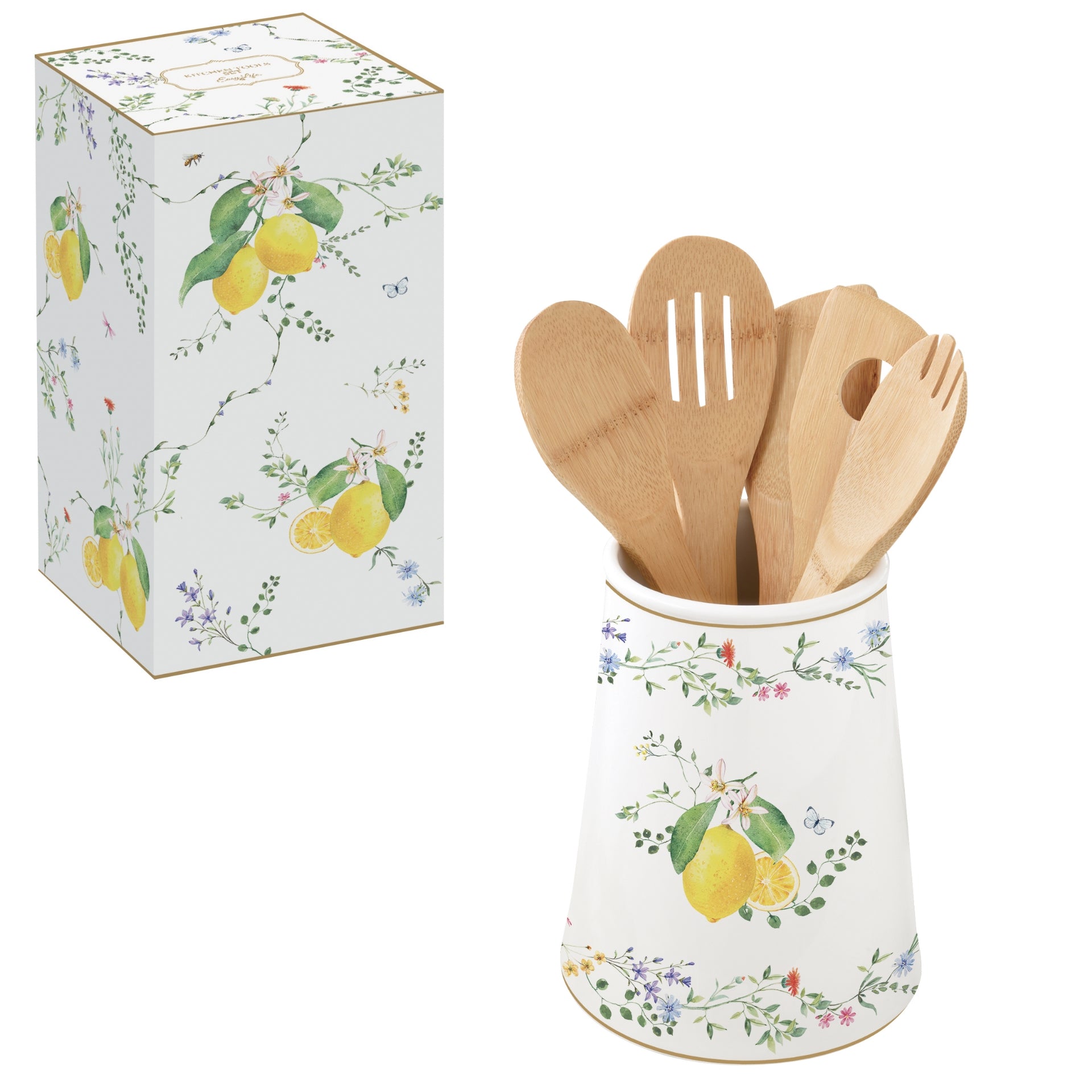 PORTE USTENSILES AVEC 5 USTENSILES DE CUISINE EN BAMBOU FLEURS ET CITRONS