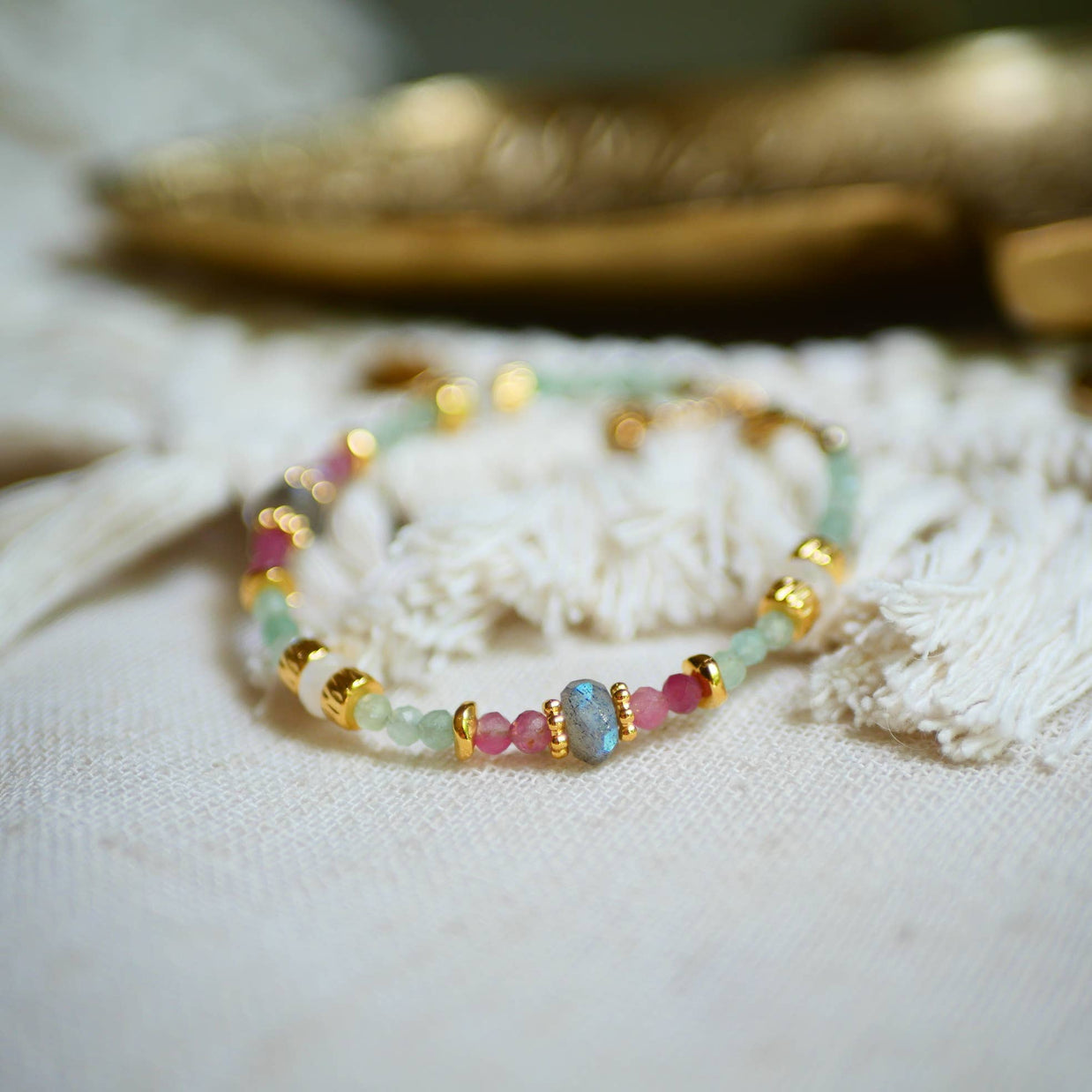 Bracelet Prerana en acier inoxydable avec aventurine, tourmaline rose et labradorite