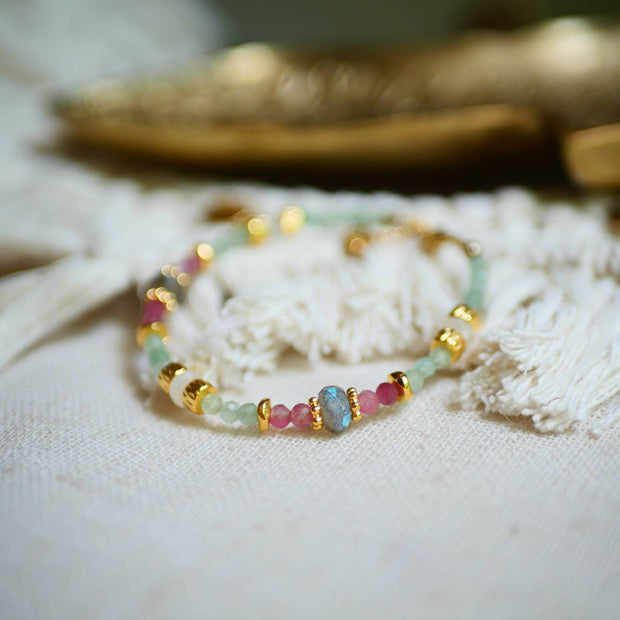 Bracelet Prerana en acier inoxydable avec aventurine, tourmaline rose et labradorite