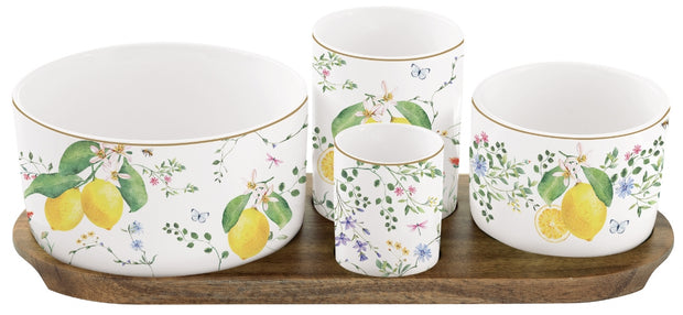 SET APERITIF 4 COUPELLES SUR PLATEAU ACACIA 29X13CM FLEURS ET CITRONS