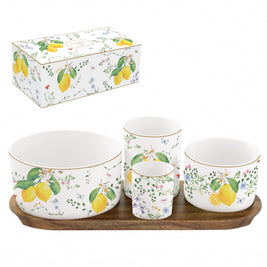 SET APERITIF 4 COUPELLES SUR PLATEAU ACACIA 29X13CM FLEURS ET CITRONS