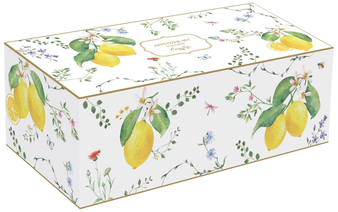 SET APERITIF 4 COUPELLES SUR PLATEAU ACACIA 29X13CM FLEURS ET CITRONS