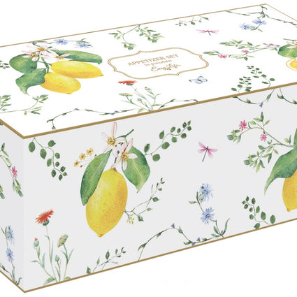 SET APERITIF 4 COUPELLES SUR PLATEAU ACACIA 29X13CM FLEURS ET CITRONS