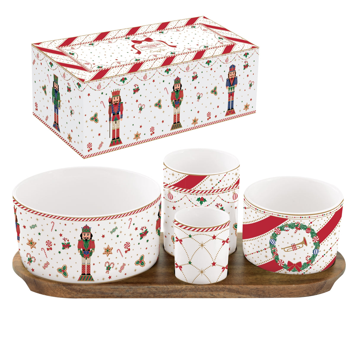 Set de 4 bols en porcelaine sur plateau acacia, NUTCRACKER