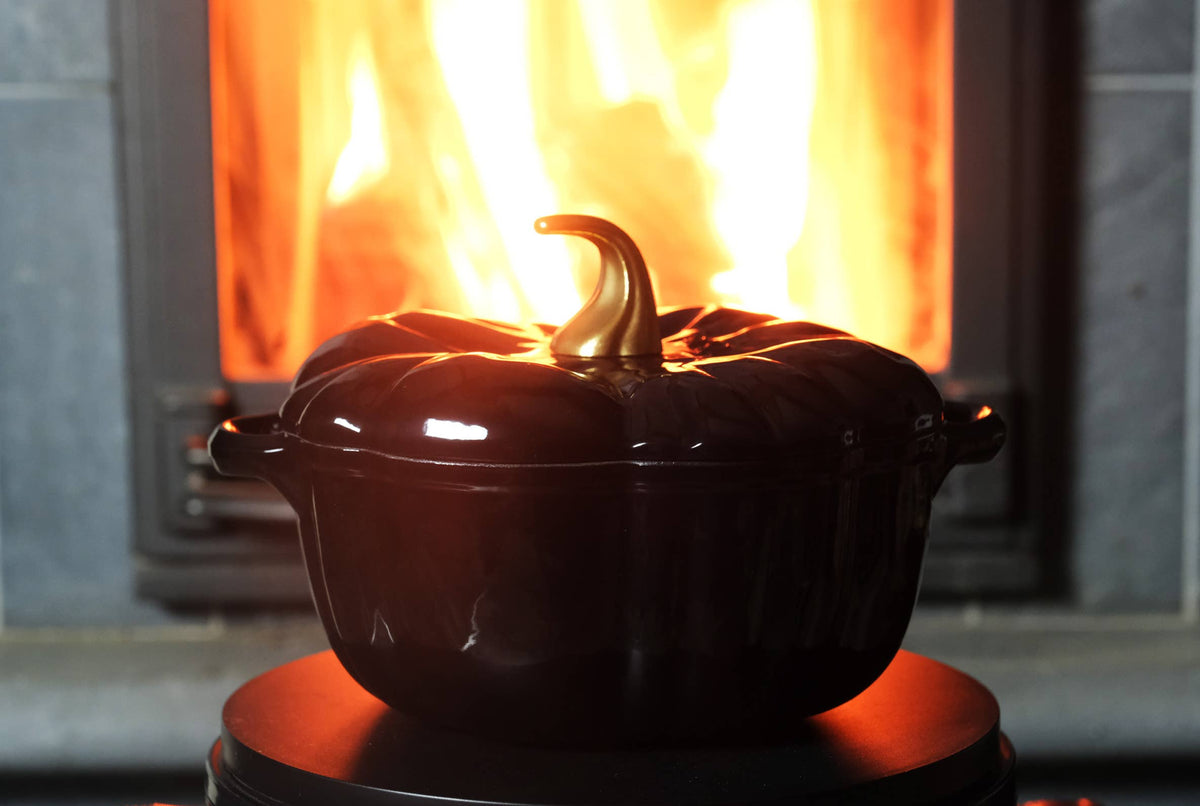 Cocotte en fonte émaillée en forme de citrouille, four hollandais, noire