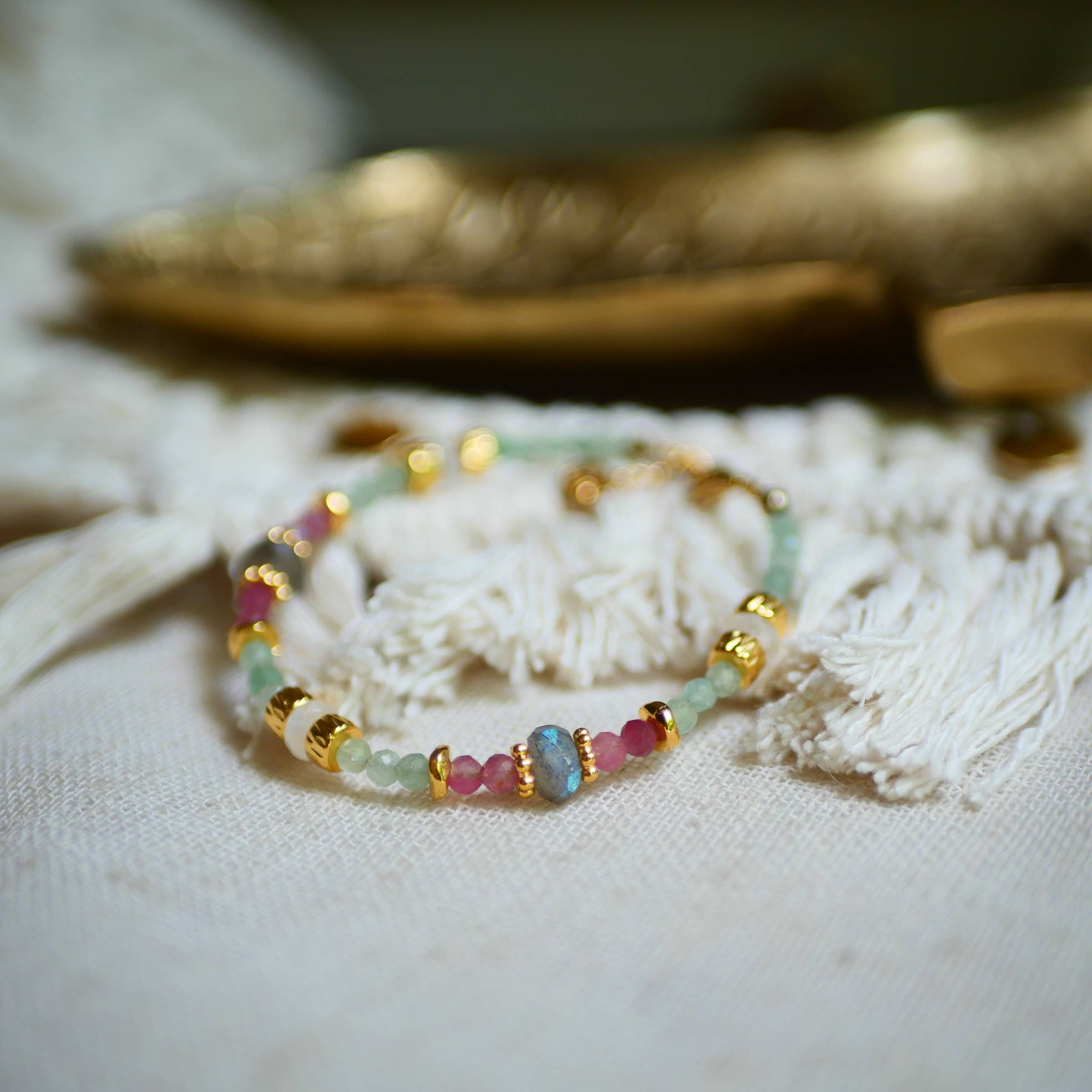 Bracelet Prerana en acier inoxydable avec aventurine, tourmaline rose et labradorite