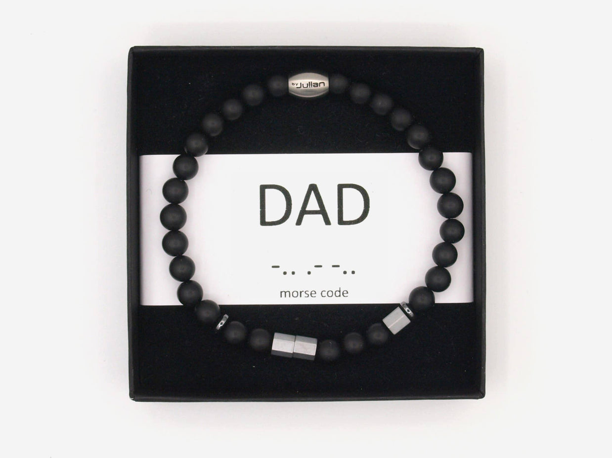 Bracelet Morse Code 'Dad' en onyx émaillé (6 mm): Antraciet / L à 19 cm