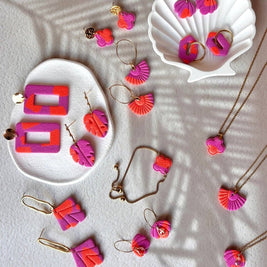 Orange de Capri - Boucles d'Oreilles Pendantes Éventail Statement Orange Fuchsia