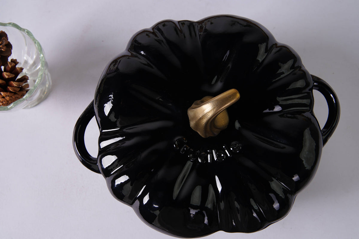 Cocotte en fonte émaillée en forme de citrouille, four hollandais, noire