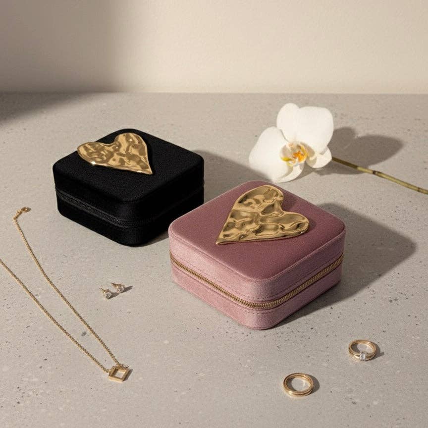 Velvet Heart - Boîte à bijoux de voyage en velours avec broche: Nero