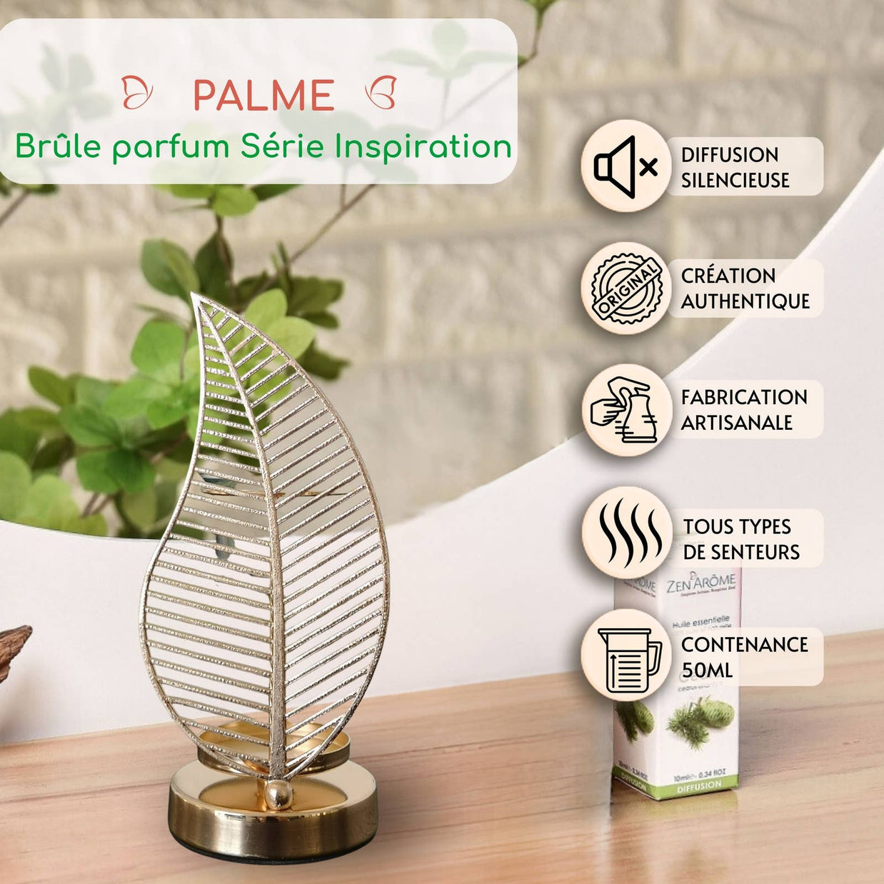 Brûleur à Huile et Fondant Parfumé Palme métal et céramique