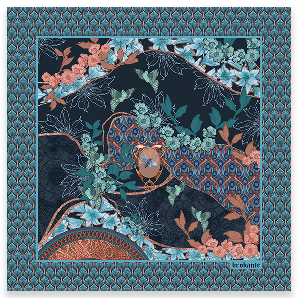Foulard carré 90x90cm en cachemire imprimé LYS INDIGO