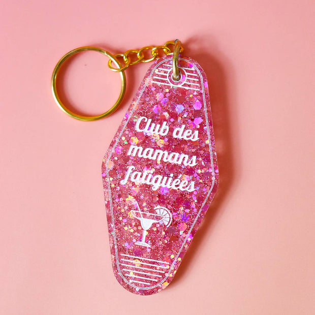 Porte clés Club des mamans fatiguées: Paillettes joie rouge