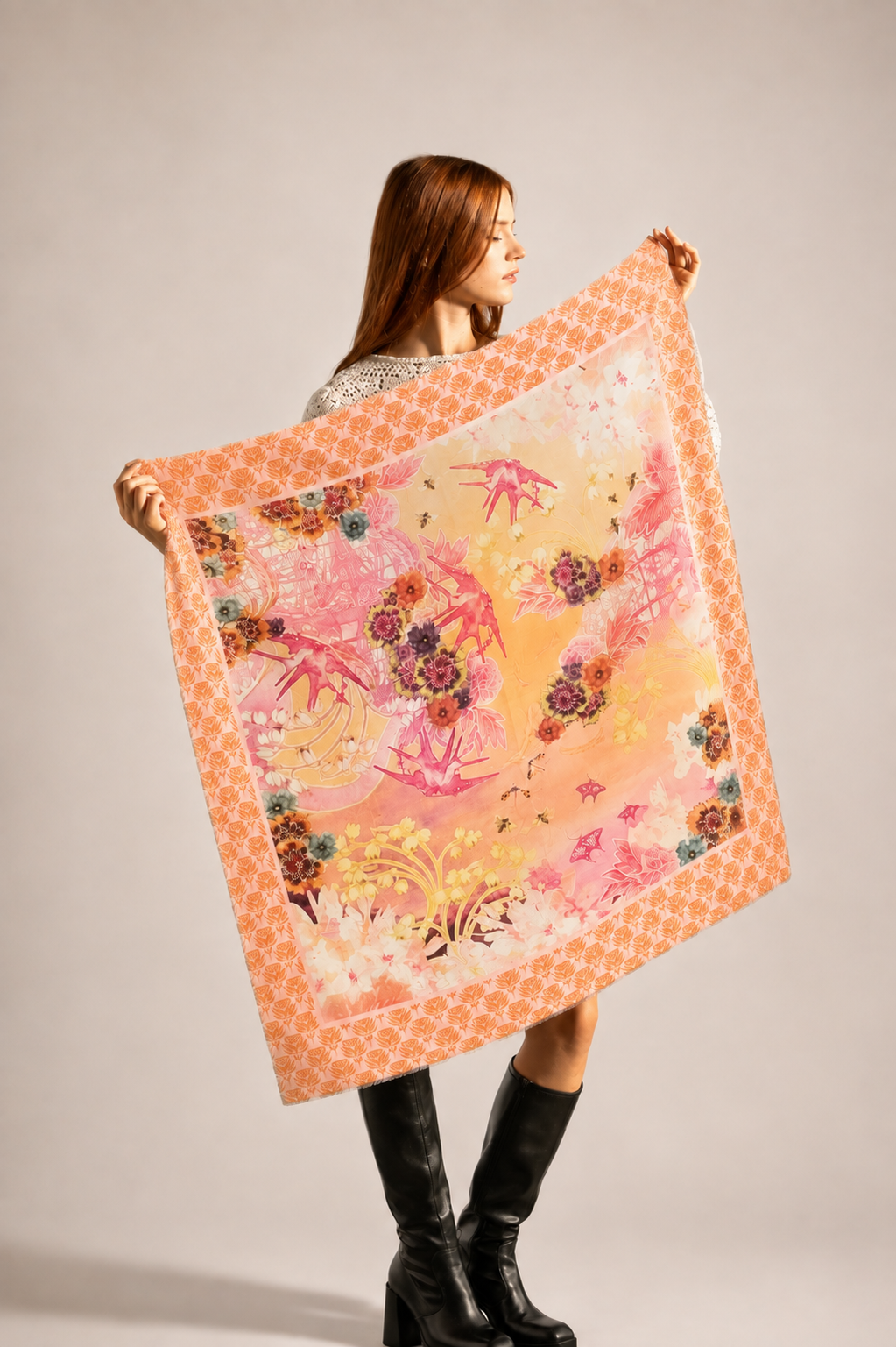 Foulard carré 90x90cm en cachemire imprimé ANÉMONE LILAS