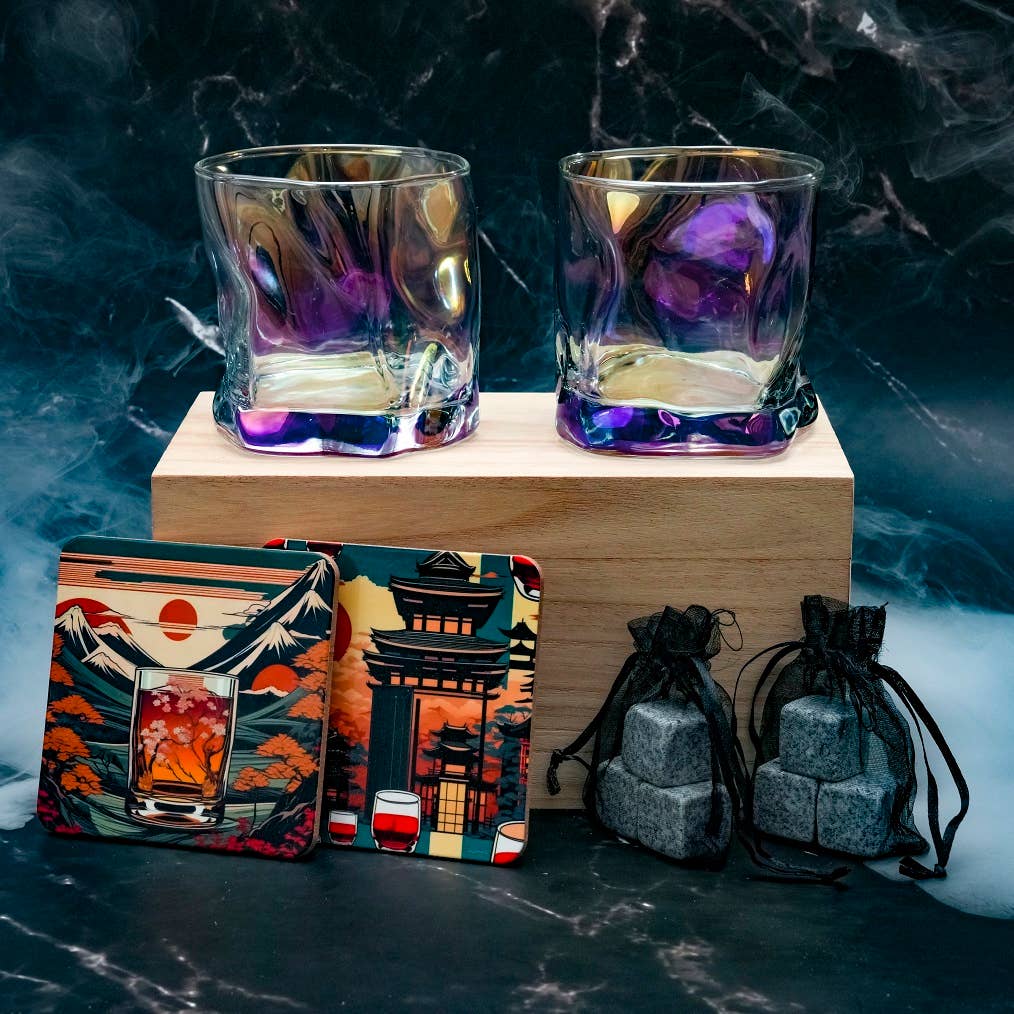 Verres japonais avec boîte cadeau, glaçons en granit et sous-verres | 369: Deux verres / Rainbow