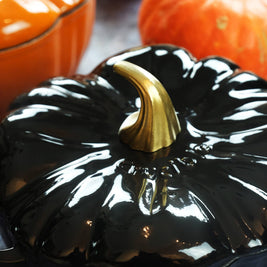 Cocotte en fonte émaillée en forme de citrouille, four hollandais, noire