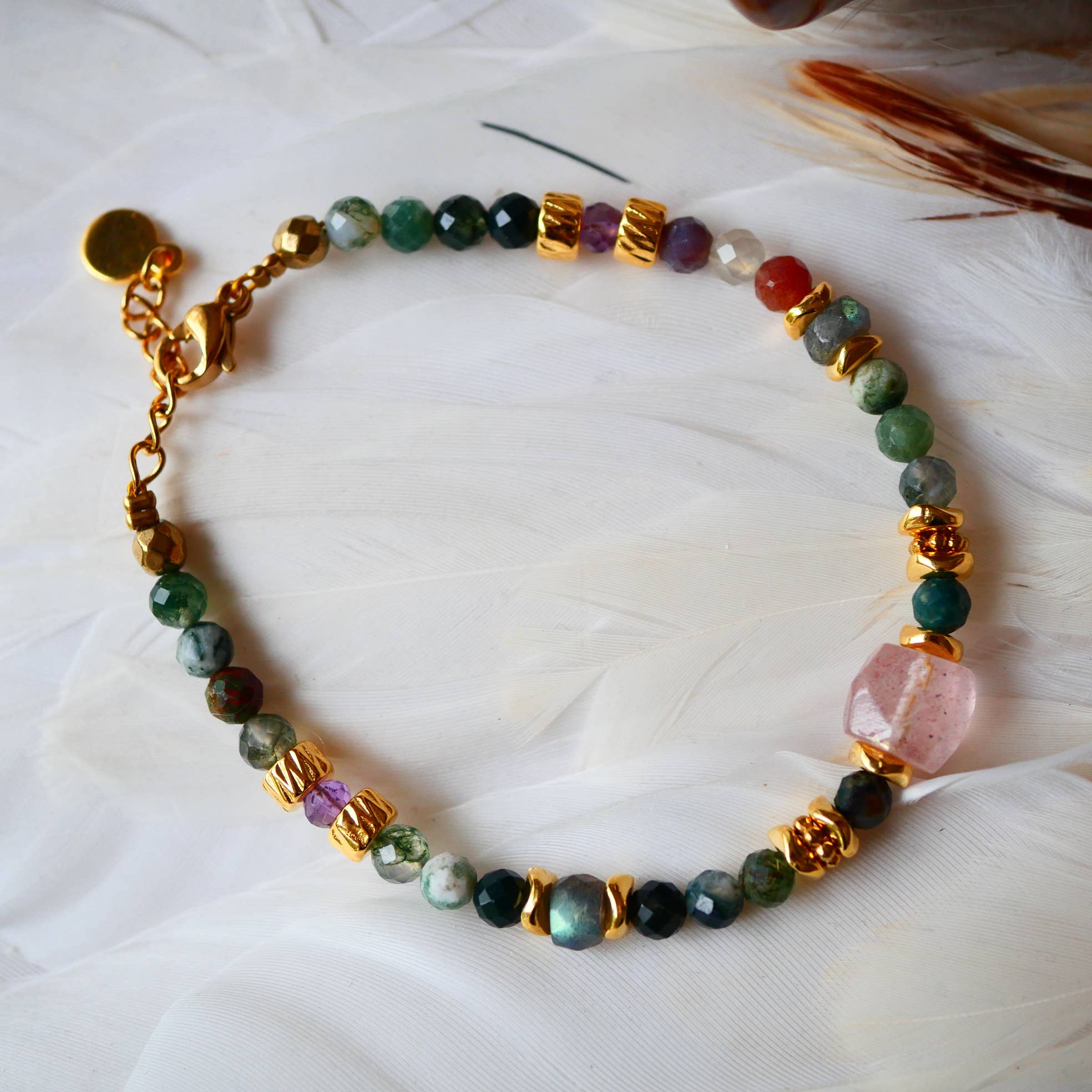 Bracelet JASMIT en acier inoxydable avec agate indienne et quartz cerise