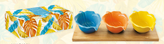 SET APERITIF AVEC 3 BOLS FEUILLE SUR PLATEAU BAMBOU