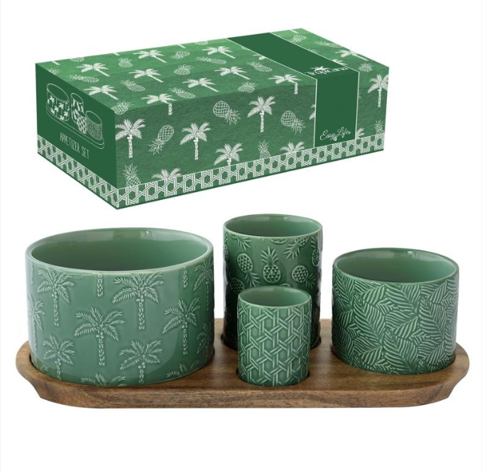 SET DE 4 COUPELLES EN PORCELAINE SUR PLATEAU ACACIA TROPICANA