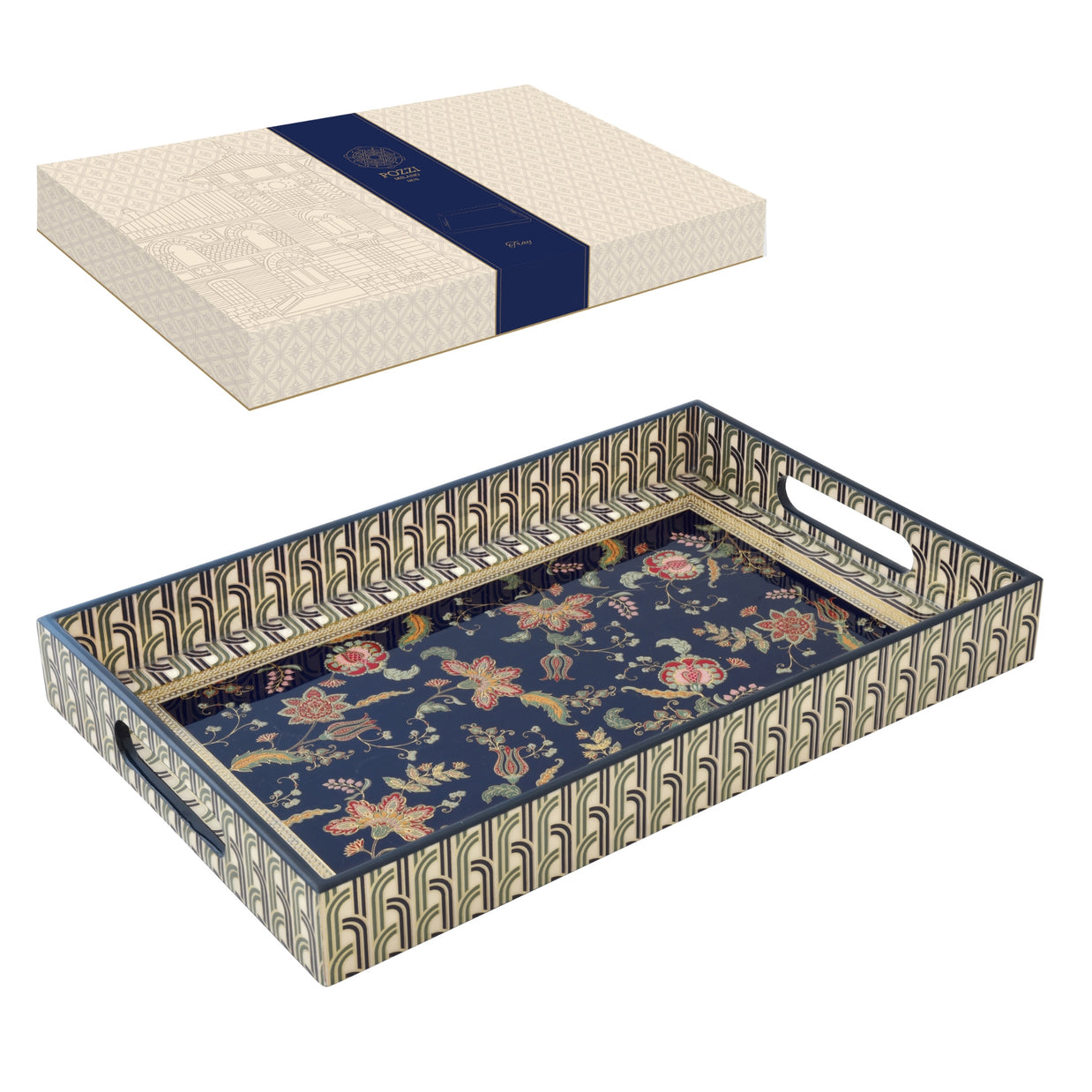Plateau en bois laqué rectangulaire bleu