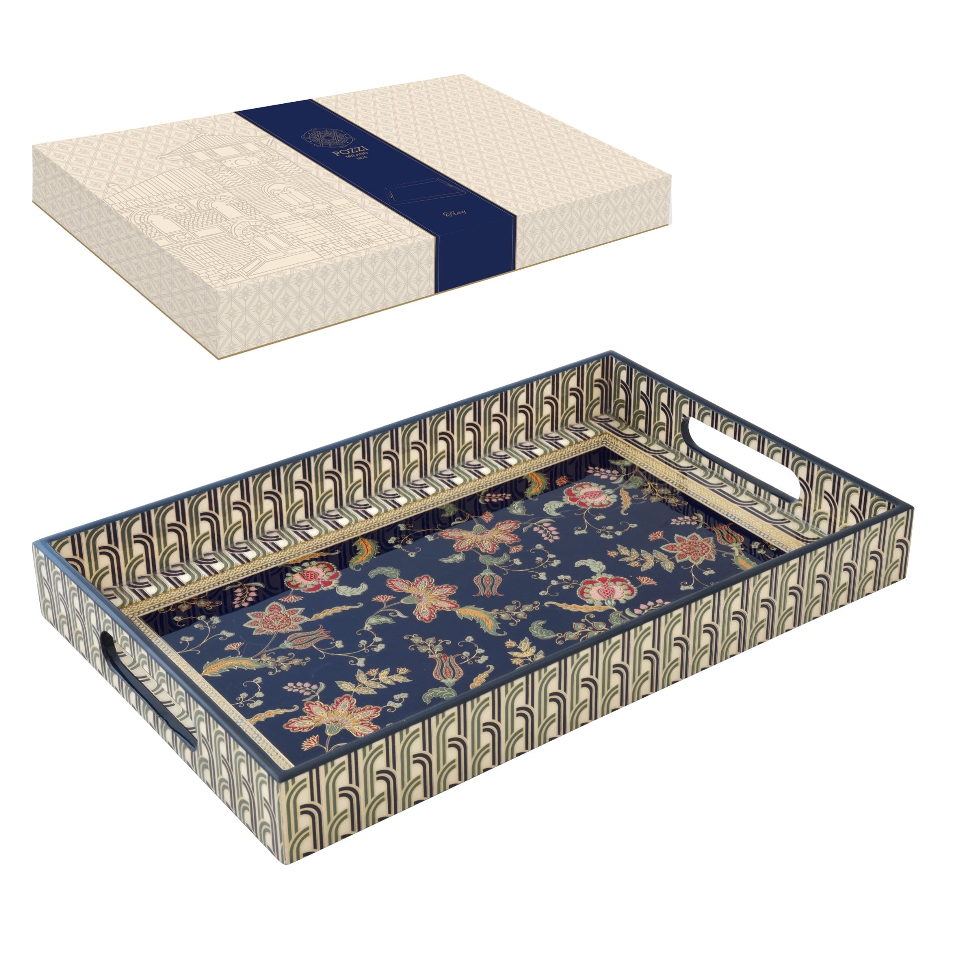 Plateau en bois laqué rectangulaire bleu