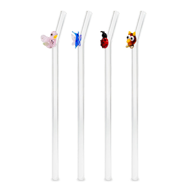 Set de 4 pailles en verre décorées - ANIMAUX