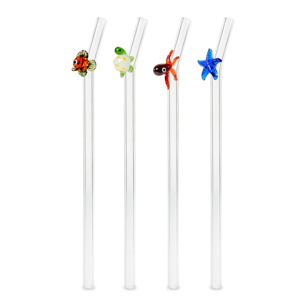 Set de 4 pailles en verre décorées - ANIMAUX MARINS