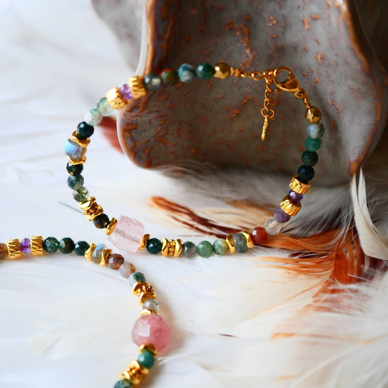 Bracelet JASMIT en acier inoxydable avec agate indienne et quartz cerise