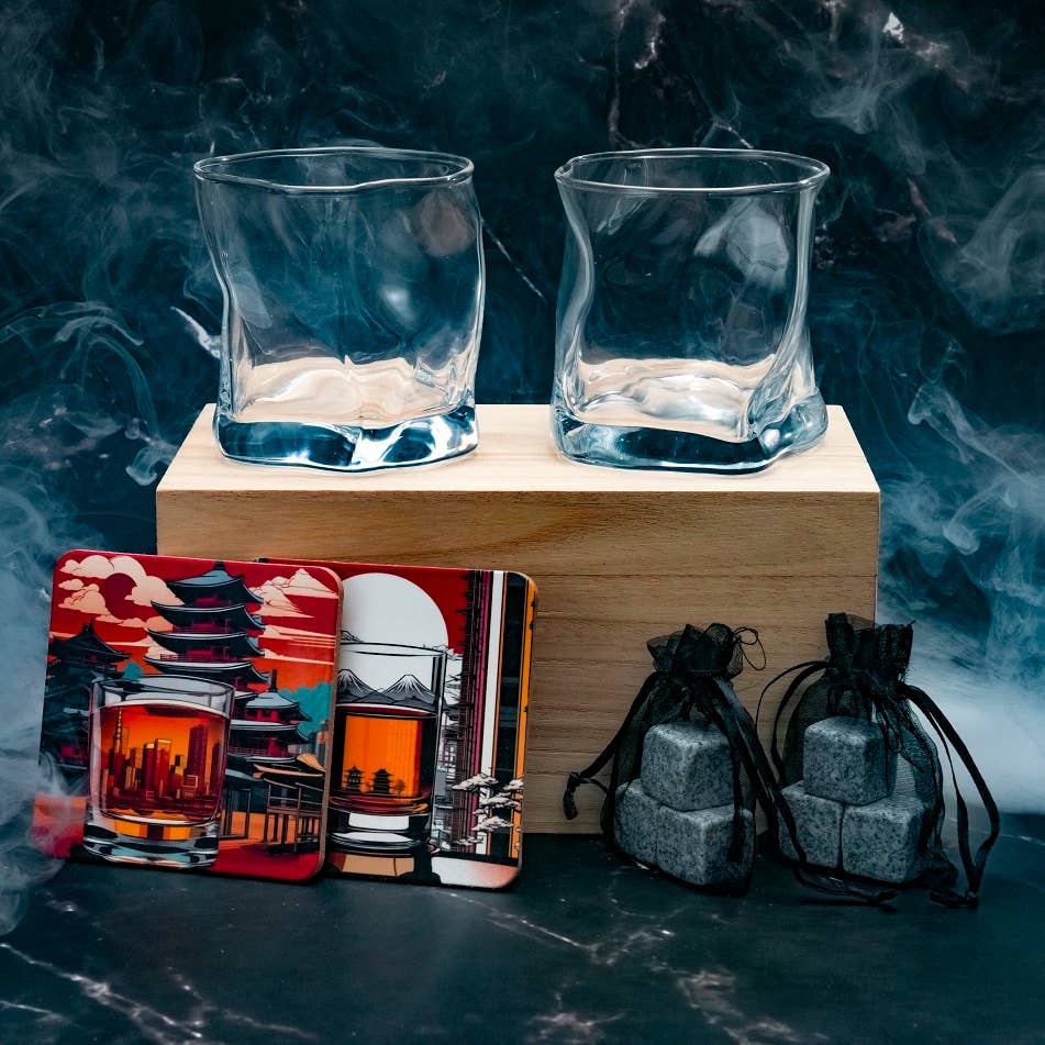 Verres japonais avec boîte cadeau, glaçons en granit et sous-verres | 369: Deux verres / Rainbow