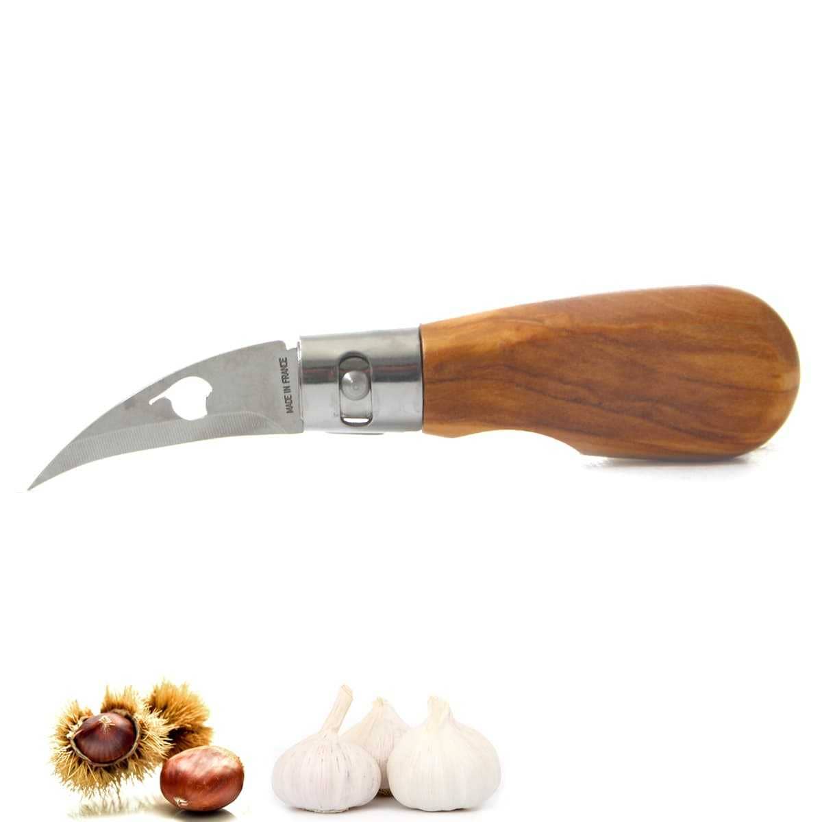 Couteau à Châtaignes et Ail de poche en bois d'olivier