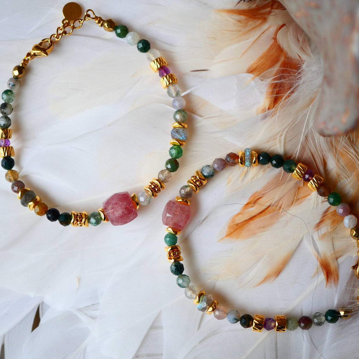 Bracelet JASMIT en acier inoxydable avec agate indienne et quartz cerise