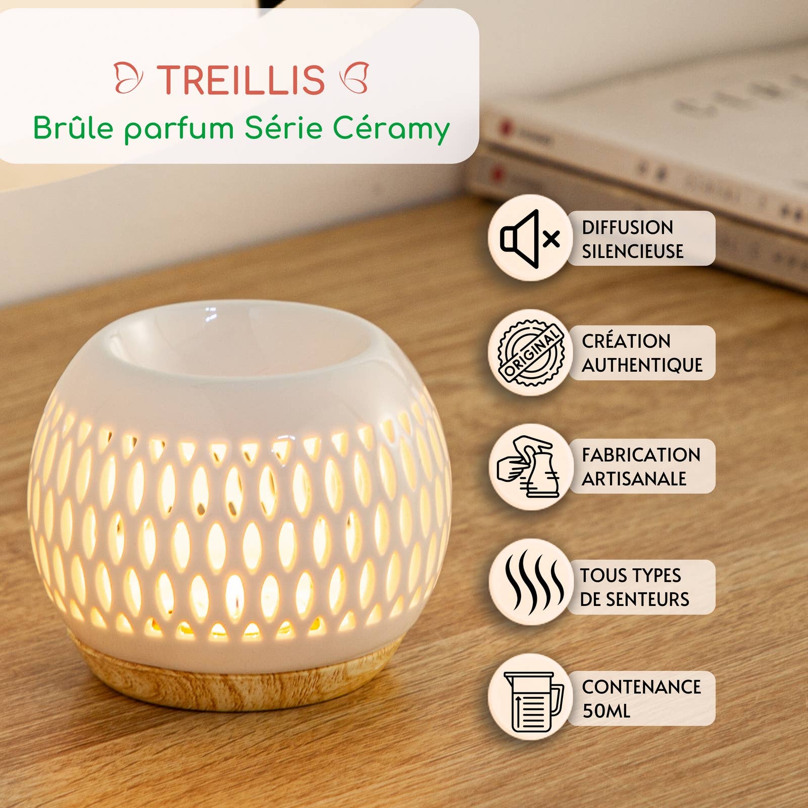 Brûleur parfum, fondant cire parfumée en céramique Treillis