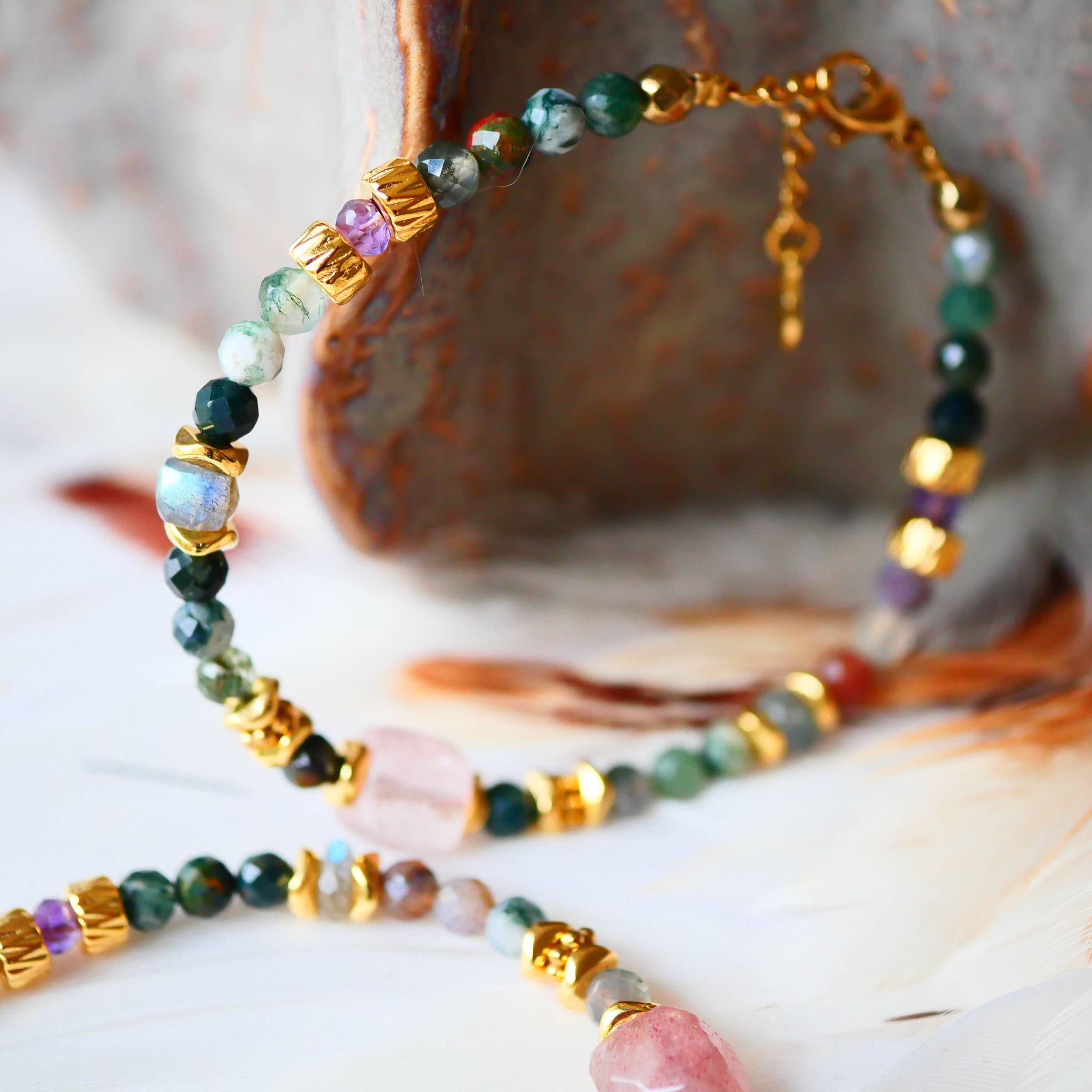 Bracelet JASMIT en acier inoxydable avec agate indienne et quartz cerise
