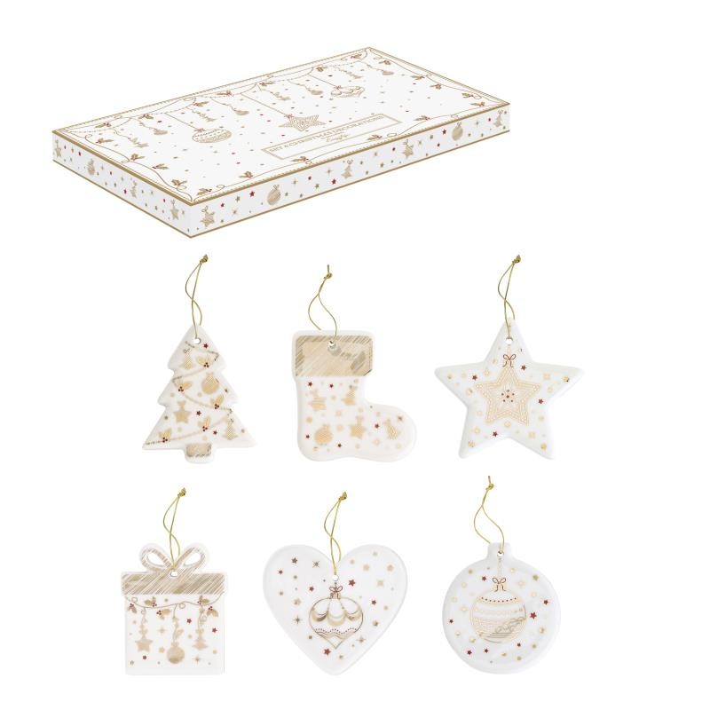 COFFRET 6 ACCESSOIRES DE DECORATION DE SAPIN EN PORC Ø 7 cm CHRISTMAS LIGHTS