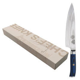 Cout.de chef lame en acier damassé et manche en bois-pakka bleu en boîte cadeau