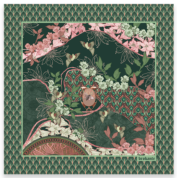 Foulard carré 90x90cm en cachemire imprimé LYS ÉMERAUDE