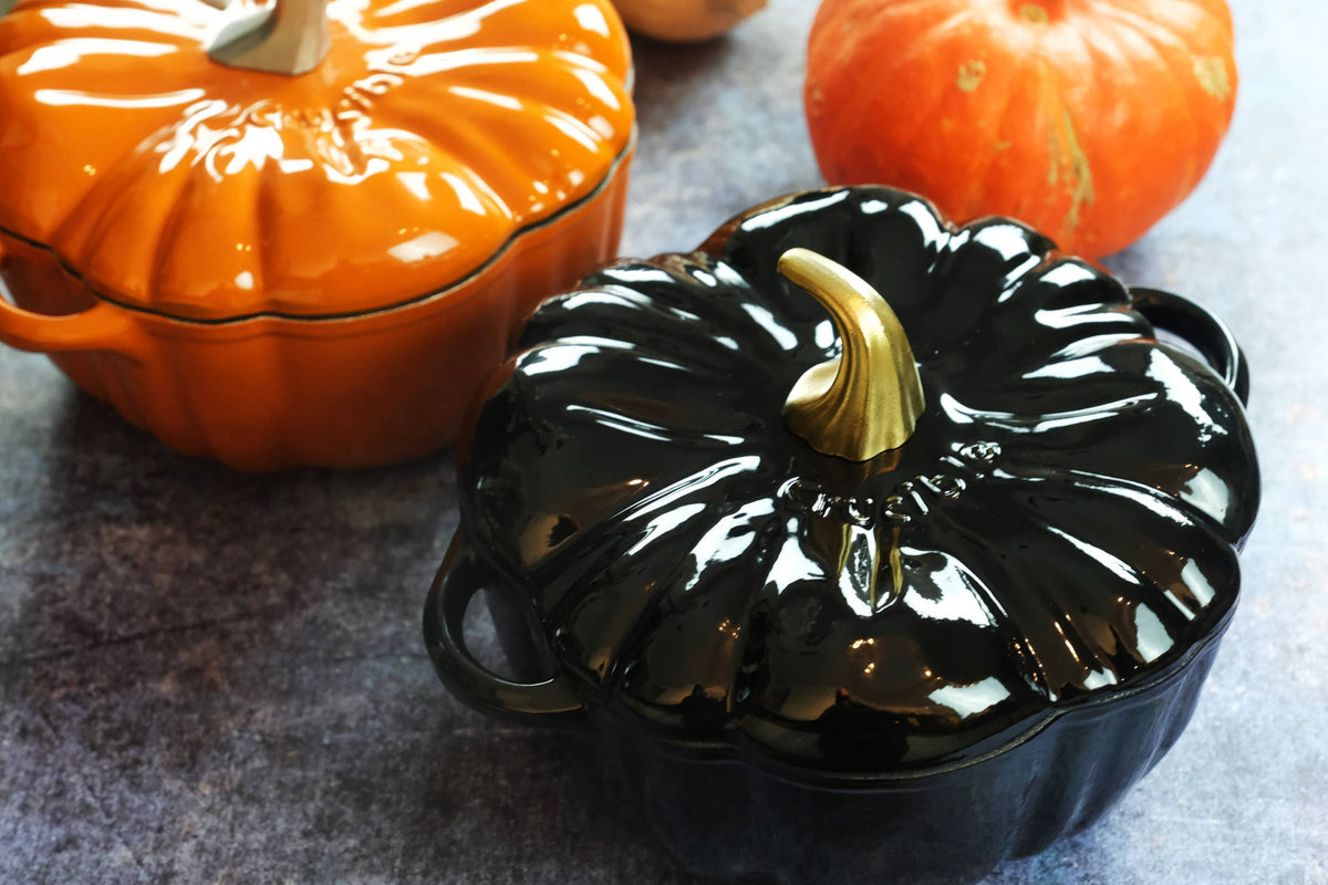 Cocotte en fonte émaillée en forme de citrouille, four hollandais, noire