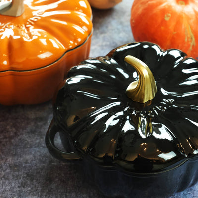 Cocotte en fonte émaillée en forme de citrouille, four hollandais, noire