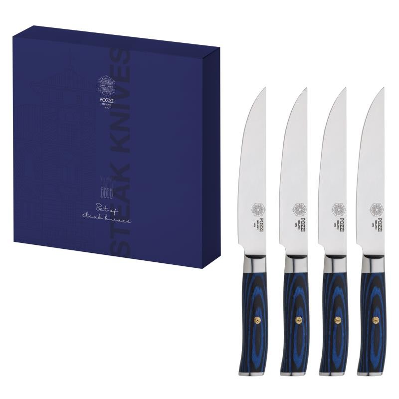 Ensemble de 4 couteaux à steak lame en acier et manche en bois de pakka bleu