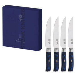 Ensemble de 4 couteaux à steak lame en acier et manche en bois de pakka bleu