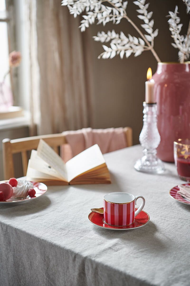 Set/2 Tasses et Soucoupes à Expresso Love Birds Rayures Rouge-Rose