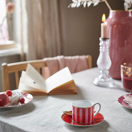 Set/2 Tasses et Soucoupes à Expresso Love Birds Rayures Rouge-Rose