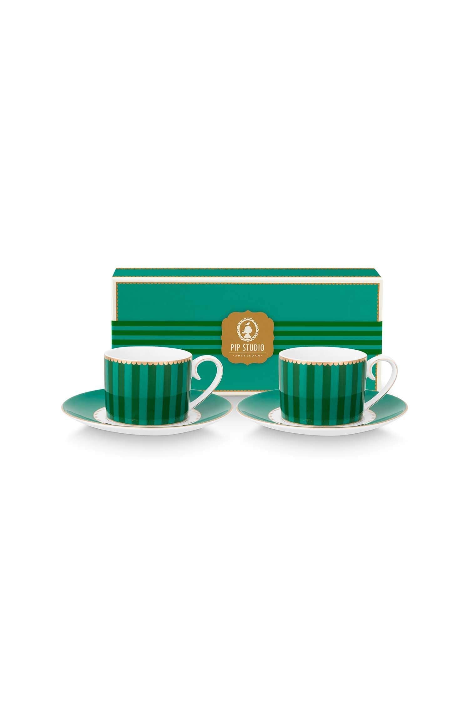 Set/2 Tasses et Soucoupes à Expresso Love Birds Rayures Emerald-Vert