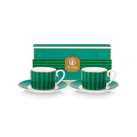 Set/2 Tasses et Soucoupes à Expresso Love Birds Rayures Emerald-Vert