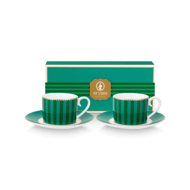Set/2 Tasses et Soucoupes à Expresso Love Birds Rayures Emerald-Vert